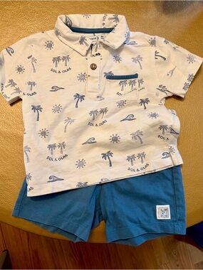 Mayoral White Palm-Print Polo with Teal Blue Shorts